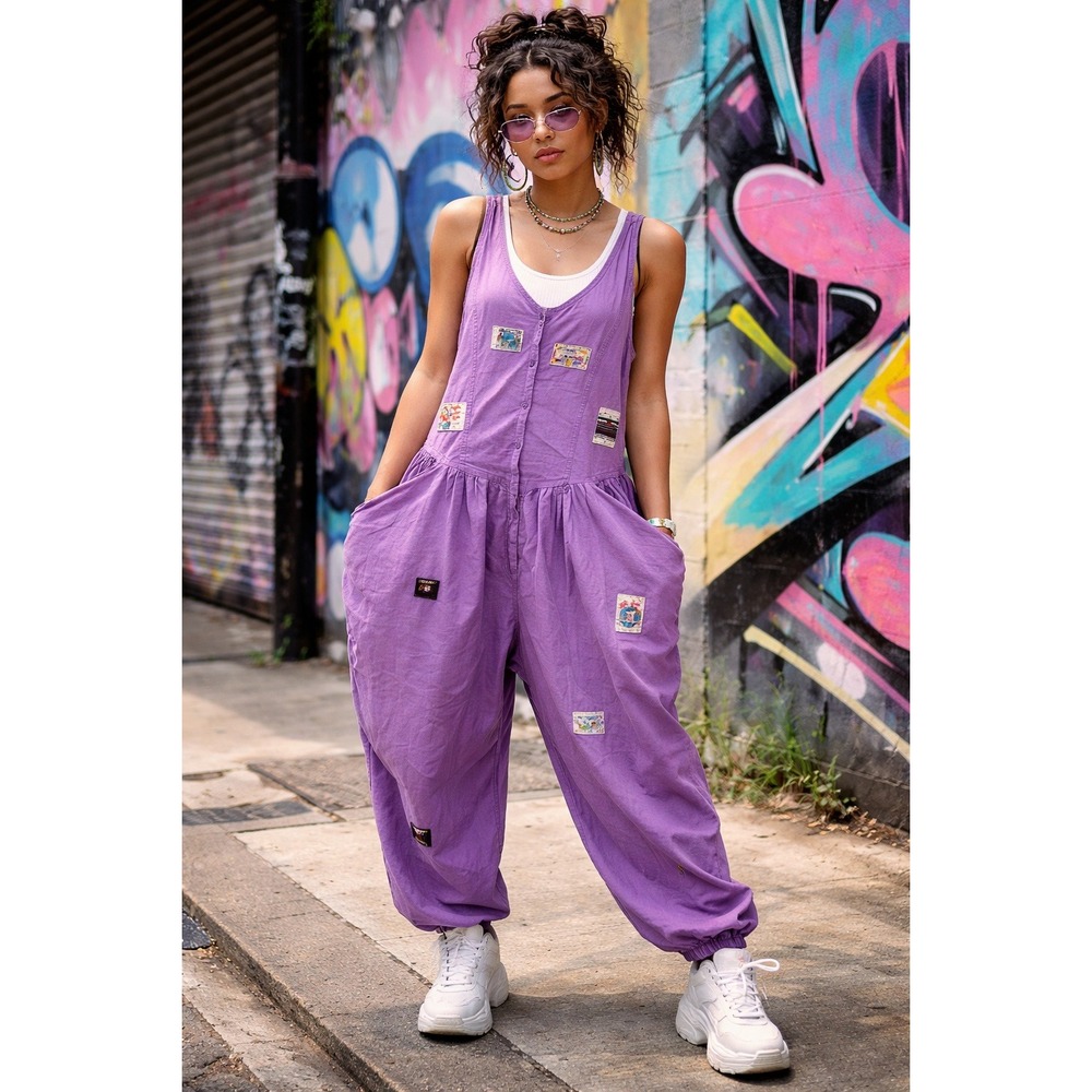 VTG‎ Patchwork Jumpsuit Womens M Baggy Harem Romper Hip Hop Streetwear Festival